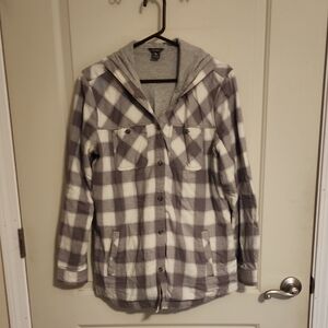 Eddie Bauer Gray Plaid Hooded Utility Jacket with Pockets